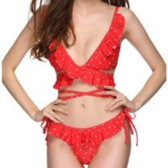 RED DOT STRAPPY TWO PIECE SWIMSUIT - Picture 1 of 4